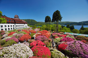 ホテルのツツジ庭園と芦ノ湖